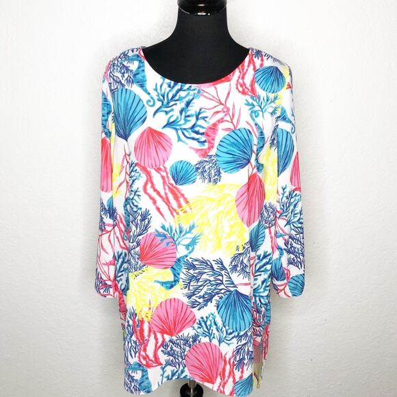 Jason Wu white pink blue yellow seashell coral beach tunic top size Small - Picture 1 of 11